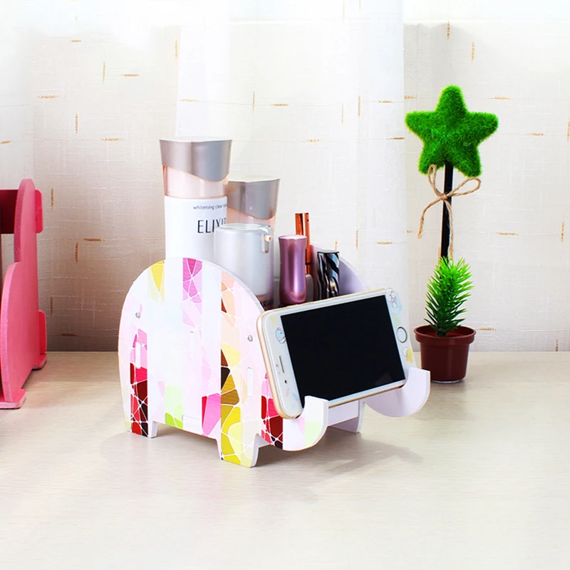 

Cartoon Elephant Color Print Wood Storage Case Scissors Pen Brushes Box Container Manicure Nail Desktop Tool Nail Desktop