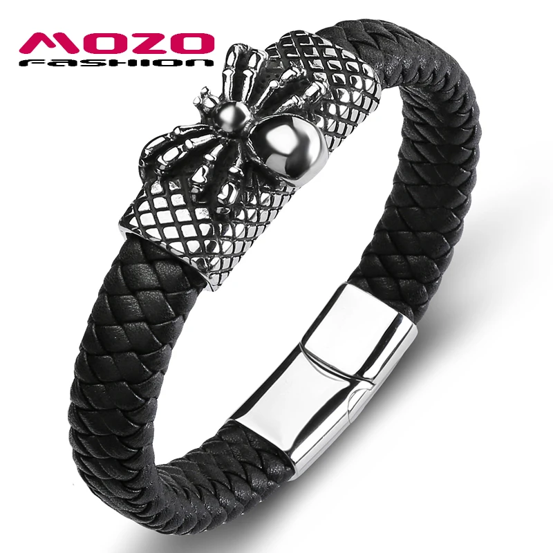 

MOZO FASHION 2020 New Men Spider Bracelet Genuine Leather Simple Bracelets Man Grid Collocation Punk Cuff Gifts Jewelry 151