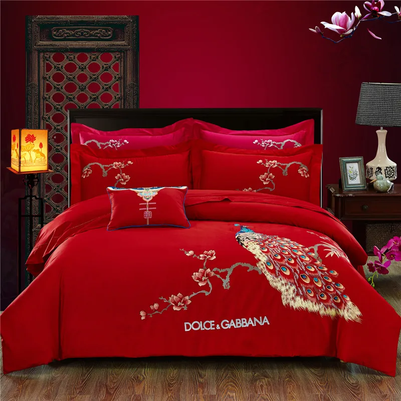

Red luxury Peacock Royal Embroidery 60S Egyptian cotton Bedding Set Wedding Duvet Cover Bed sheet Pillowcases Queen King Size
