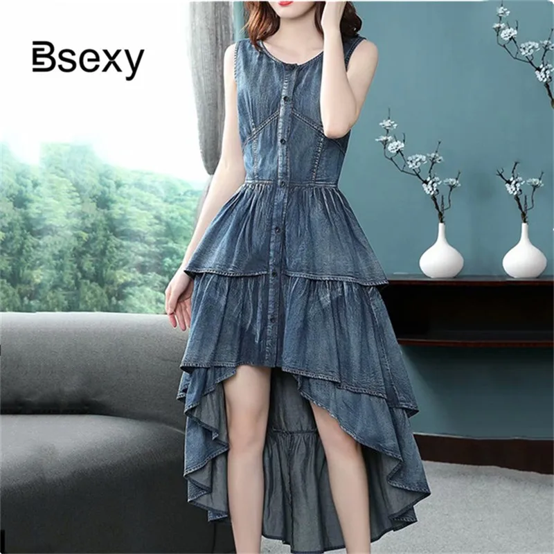 High Low Cotton Denim Dress Women 2019 