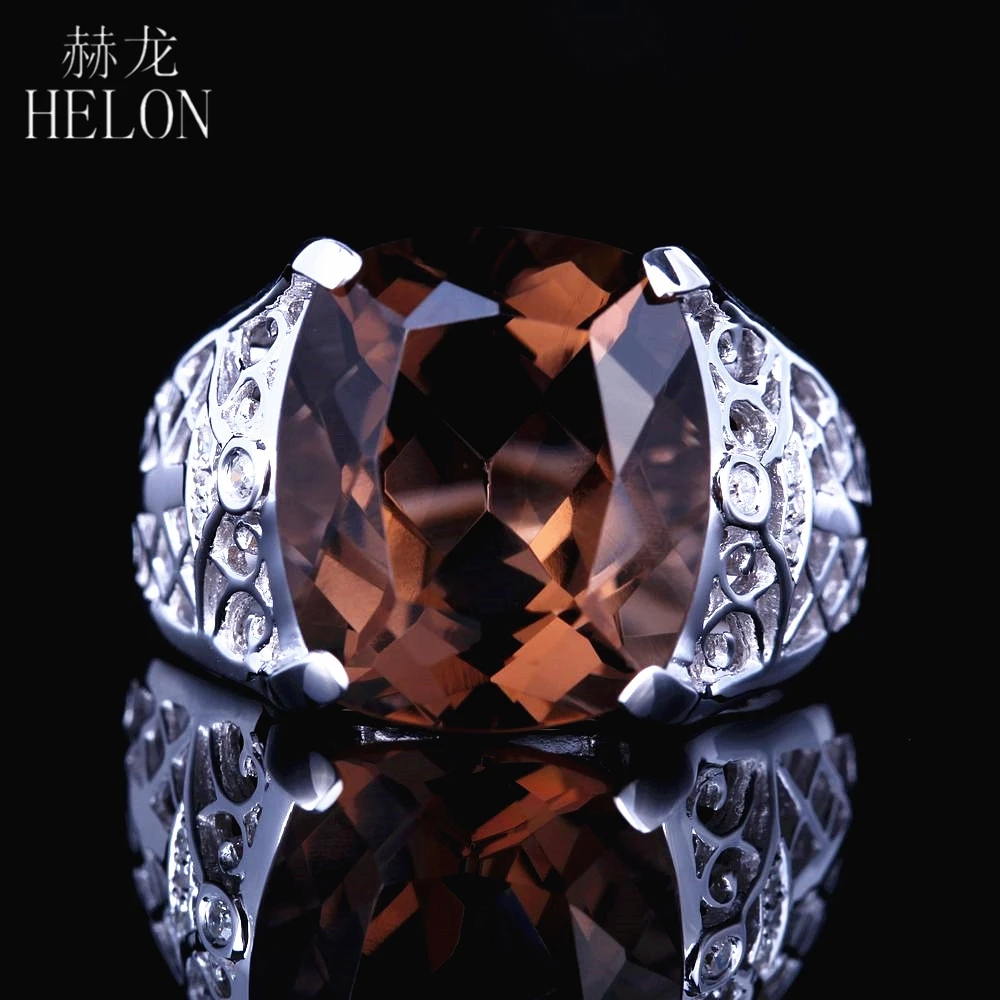 

HELON Solid 14K White Gold Jewelry Cushion 14mm x 12mm 8.8ct Genuine Smokey Quartz Natural Diamonds Engagement Wedding Fine Ring