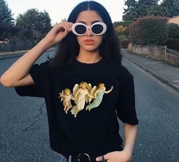 

HAHAYULE1pcs White Tshirt Black Tees Three Angel Tshirt Hot Sale Kawaii Summer Harajuku Cherub Cotton Cool T-shirts Hort Sleeve