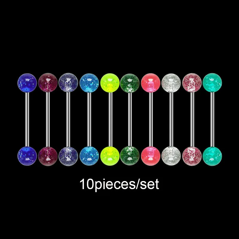 10Pcs Mix Colors Tongue Rings Barbell Piercing Tongue Bar Colorful Candy Color Glitter 1.4mm Body Piercing Jewelry Anti-allergic 15