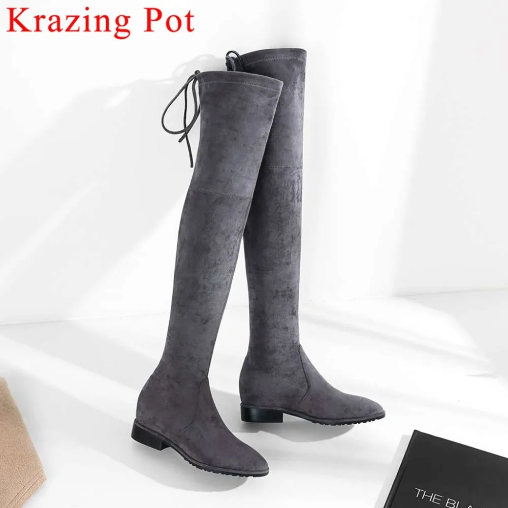

2019 slender high street fashion square toe med heels bowtie slip on stretch thigh high boots beauty girls runway boots L3a