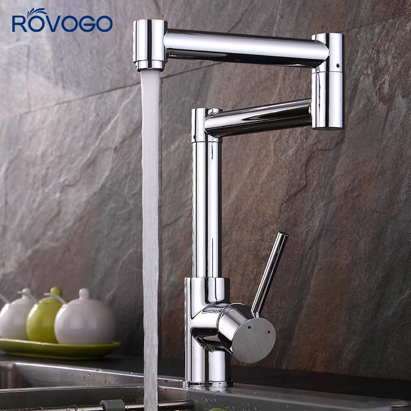 ROVOGO 360 Degree Rotation Kitchen Faucet Single Handle Basin Mixer Chrome Solid Brass Kitchen Tap Cold and Hot Water Faucet 