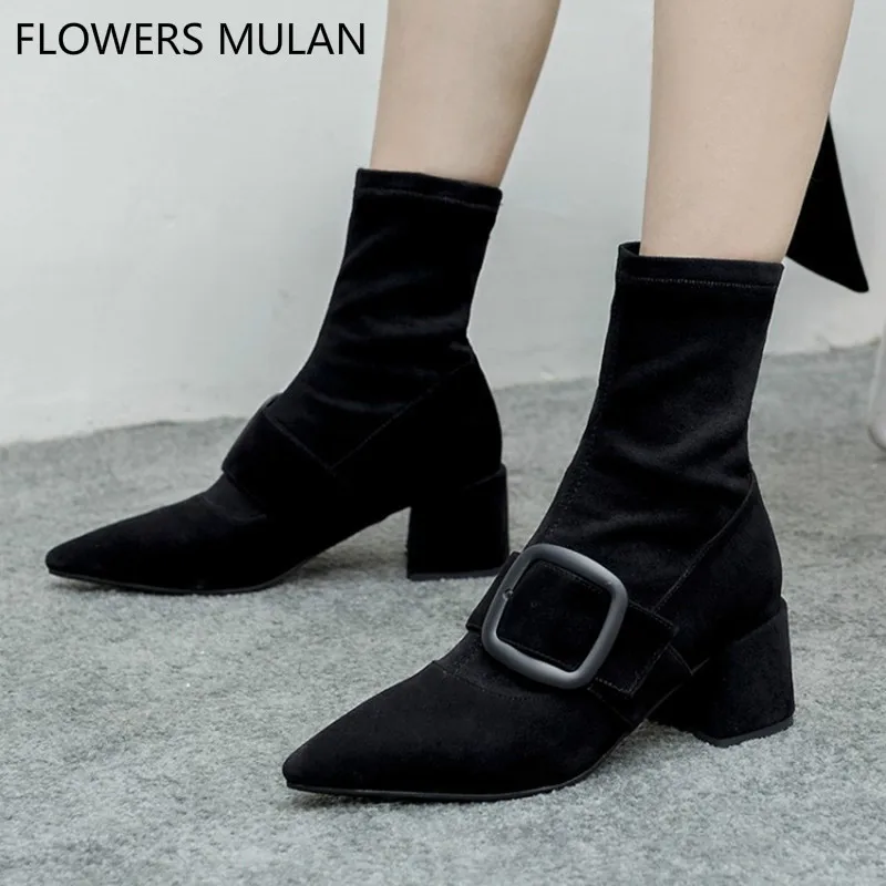 

Chic Sewing Upper Black Suede Ankle Boots For Women Pointed Toe Chunky Heel Stretch Fabric Sock Boots One Belt Buckle Shoes Lady