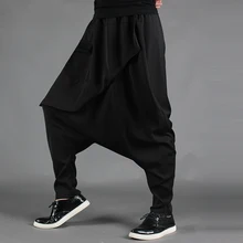 Уникальный дизайн, мужские шаровары, индивидуальная Асимметричная черная юбка-брюки, мужские эластичные свободные брюки с большим шаговым швом