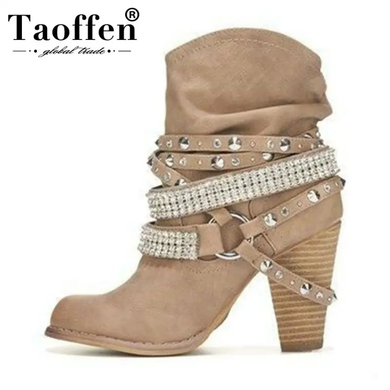 

TAOFFEN Size 35-43 Women Short Boots Thick High Heel Glitter Tape Solid Women'S Shoes Round Toe Botas Fashion Lady Footwear