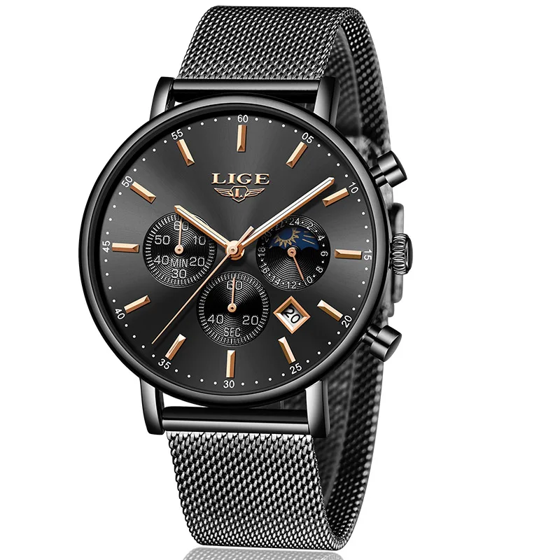 LIGE новые мужские часы Топ бренд класса люкс модные ультра тонкие кварцевые часы мужские Moon Phase бизнес часы водонепроницаемые часы с календарем - Цвет: Black rose gold