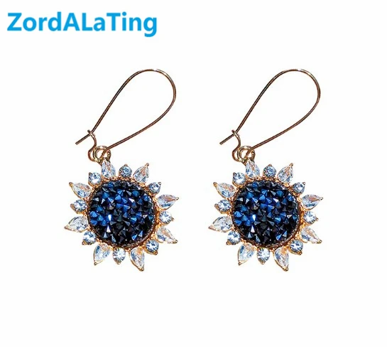 

S925 silver needle Simple cool wind retro short blue sunflower rhinestone earrings for women earring temperament individual