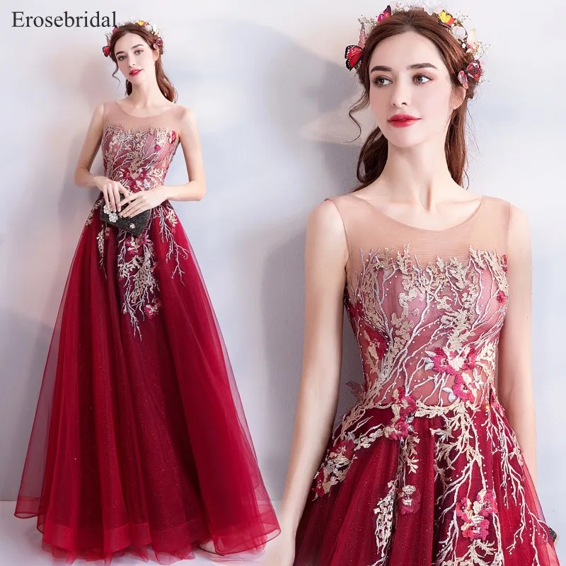

2018 Autumn New Evening Dress Long Burgundy Formal Evening Gowns Illusion Back A Line Party Robe De Soiree 48 Hours Shipping