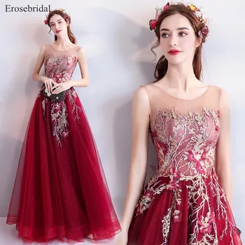 

2018 Autumn New Evening Dress Long Burgundy Formal Evening Gowns Illusion Back A Line Party Robe De Soiree 48 Hours Shipping