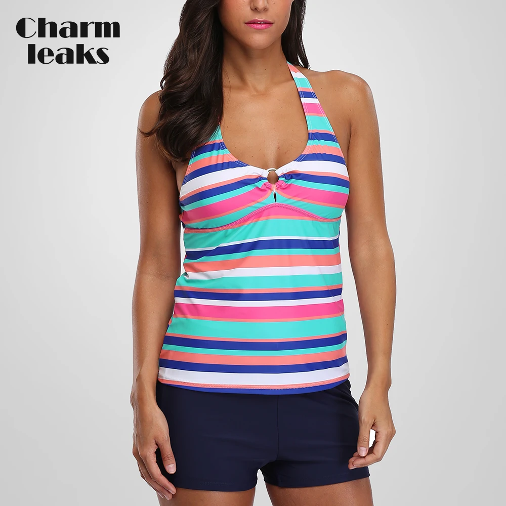 Charmleaks Women Tankini Set Colorblock Striped Swimwear Bandages Swimsuit Padded Bandage Bathing Suit Bikini rainbow striped bardot bikini set