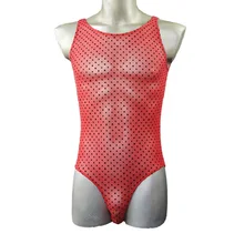 Фирменное Сексуальное мужское нижнее белье, Мужская полупрозрачная марля, в горошек, мужской боди, Манкини, боксеры, трусы красного цвета