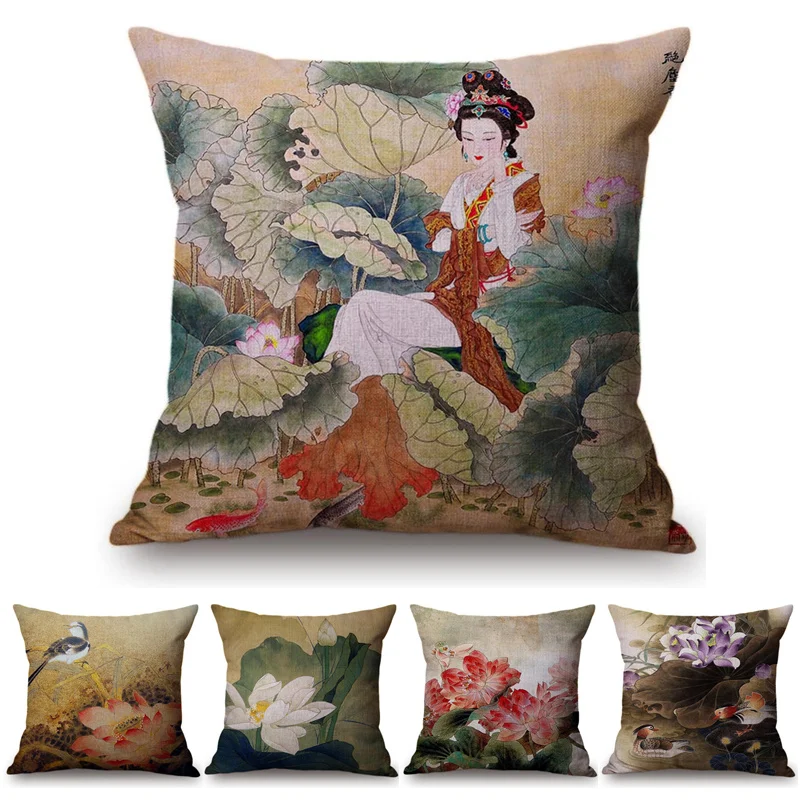 Китайская Ретро картина стиль классическая девушка подушка-лотос Чехлы офис автомобиль, диван, кресло украшение дома наволочка чехол