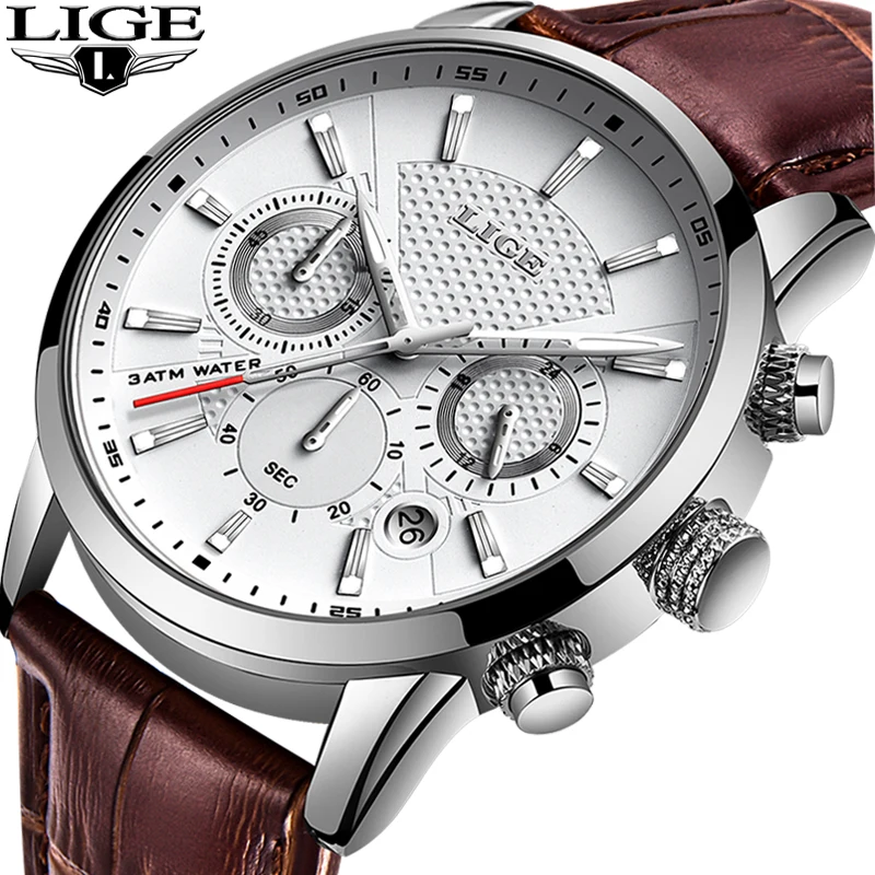 Online LIGE relojes para hombre regalo marca de lujo superior reloj deportivo resistente al agua cronógrafo cuarzo militar cuero genuino reloj Masculino