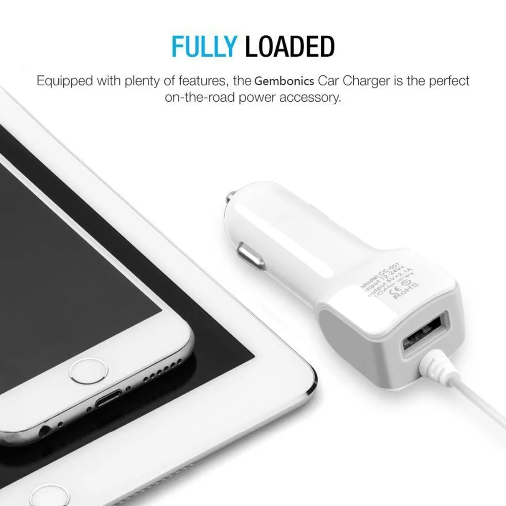 SOONHUA Portable 2.1A USB Car Charger Mobile Phone Charger IC Control Protection Adapter With LED Indicator Micro Type C Cable