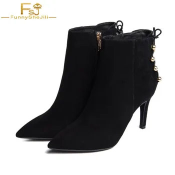 

Black Stiletto High Thin Heel Boots Suede Polyurethane( Autumn Music festival, Hanging out Pointy Toe Ankle Booties with Studs