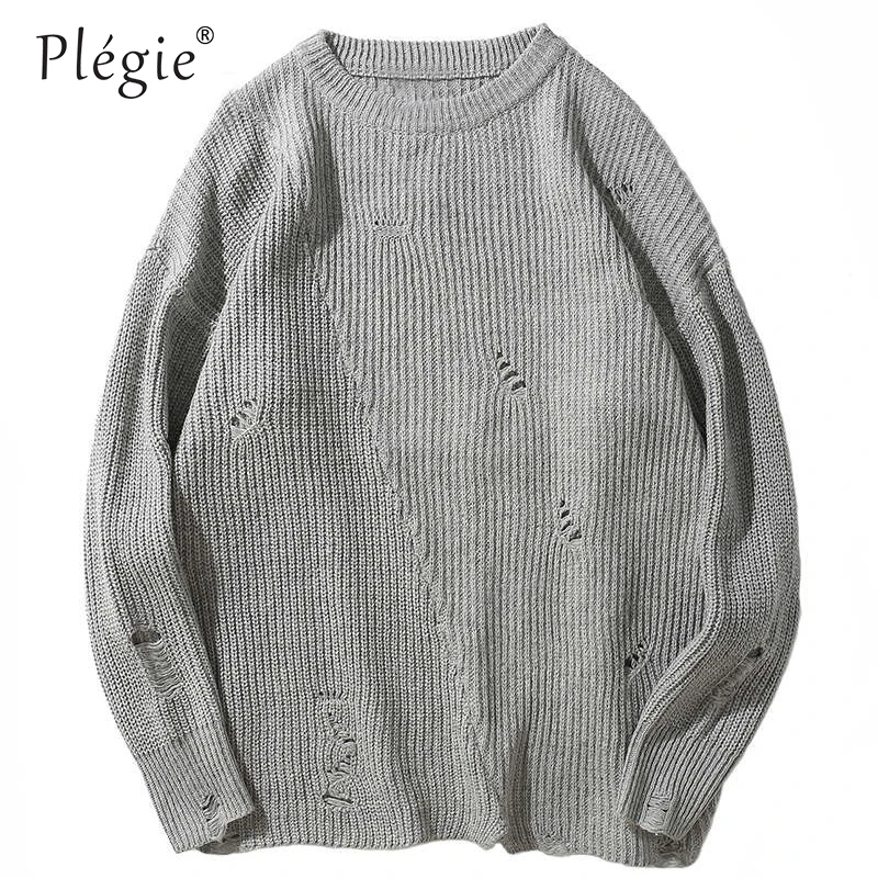 Plegie хип-хоп вязаный свитер Для мужчин ретро Винтаж проблемных Свитера, пуловеры уличная осень 2018 рваные плотная свитера