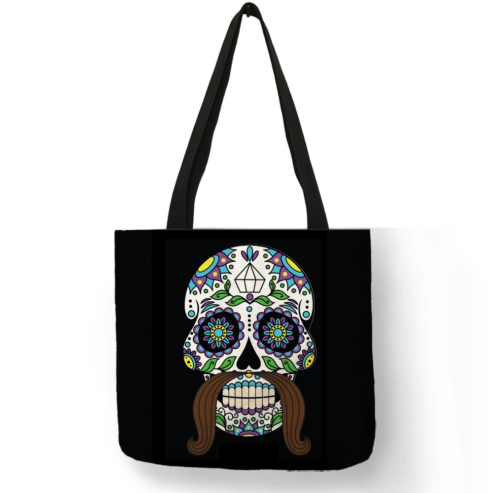 travel wallet Floral Skull Tote Bag Day Of the Dead Halloween Handbags For Women Reusable Shopping Bags Traveling Totes Double Side Print wristlet corsage