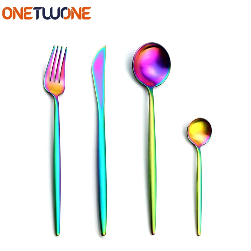 

Onetwone Stainless Steel Dinnerware Utensils Set, 4 Pieces Cutlery Tableware Sets with Fork Knife Spoon, Rainbow Flatware Set