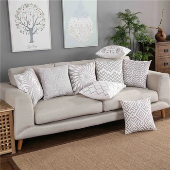 

LOISHOM Home Decor Embroidered Cushion Cover Grey Geometric Canvas Cotton Square Embroidery Pillow Cover 45x45cm Pillow Sham