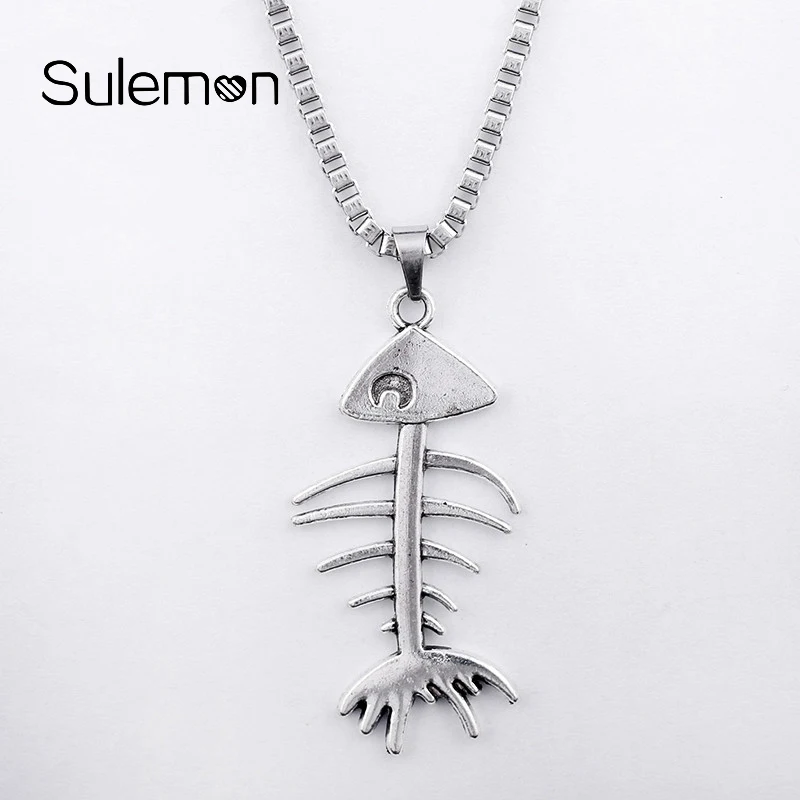 

Fish Bone Pendant & Stainless Steel Necklace Summer Rock Music Festival Long Necklaces Women&Men Punk Box Chain Jewelry SN29