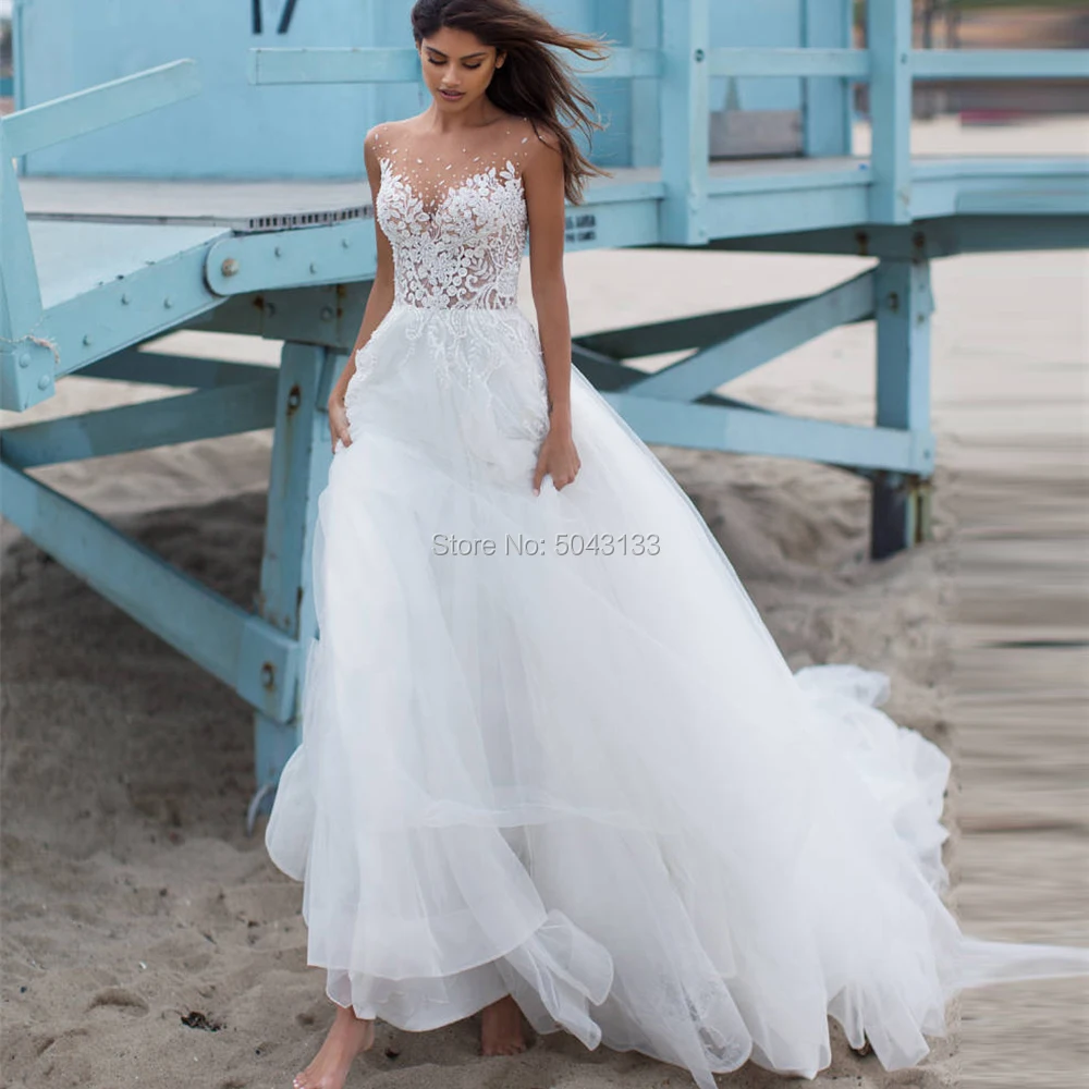 

Sexy Sheer O-Neck Lace Wedding Dresses 2019 Vintage Appliques Soft Tulle Bridal Wedding Gowns Summer Beach Wedding Dress