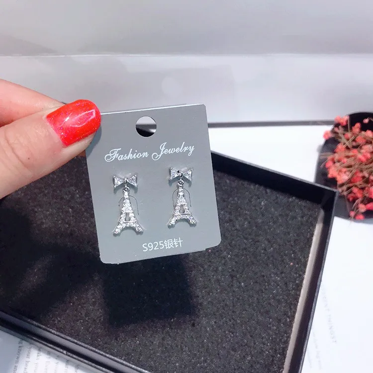 bow cz tower earring 925 silver post Hypoallergenic fadeless fashion jewelry stud earrings for women girl Christmas gift