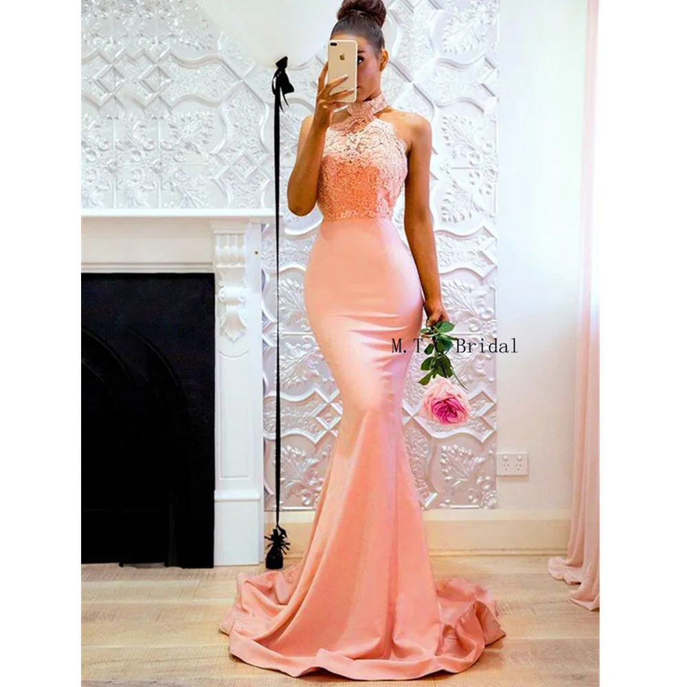 

New 2019 Blush Pink Mermaid Prom Dresses Backless Halter Lace Elastic Satin Long Evening Gowns Custom Made Wedding Party Dress