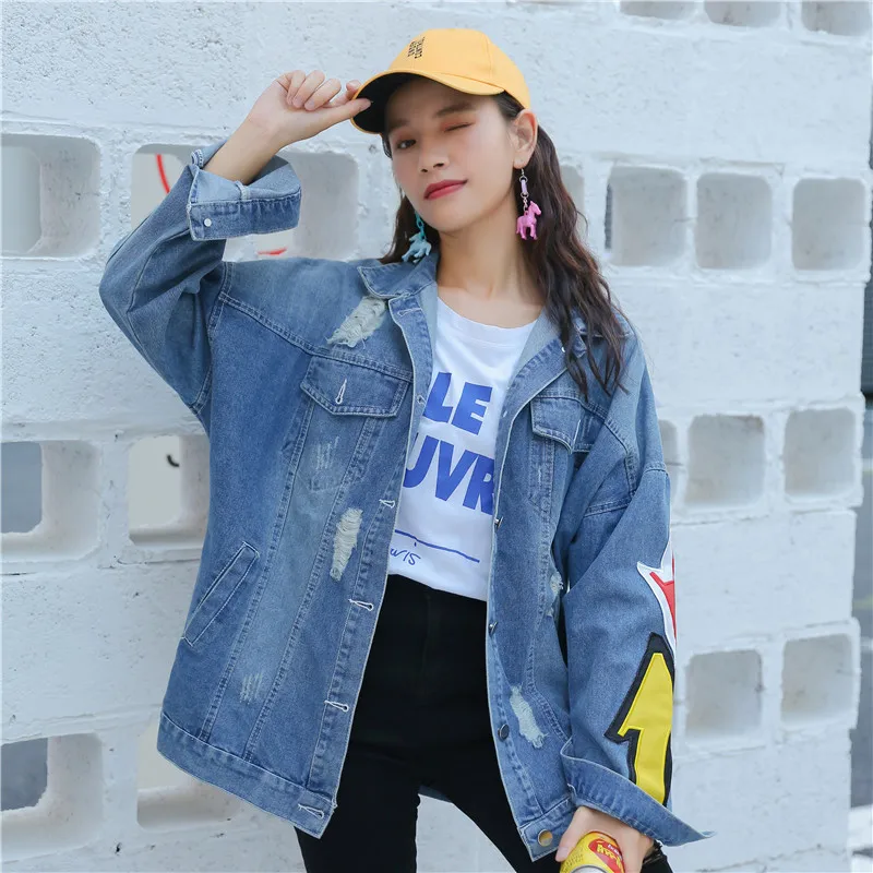 Automne Longues Hiver Conceptions Denim 2018 Manches Retour Copain Jean Femme Vent Harajuku Lâche Bleu Patch Femmes Trou Veste Manteaux SMpqUzV