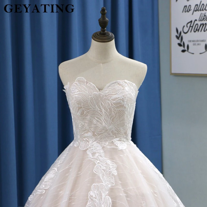Champagne Lace Off Shoulder Wedding Dress With Train Lace Up