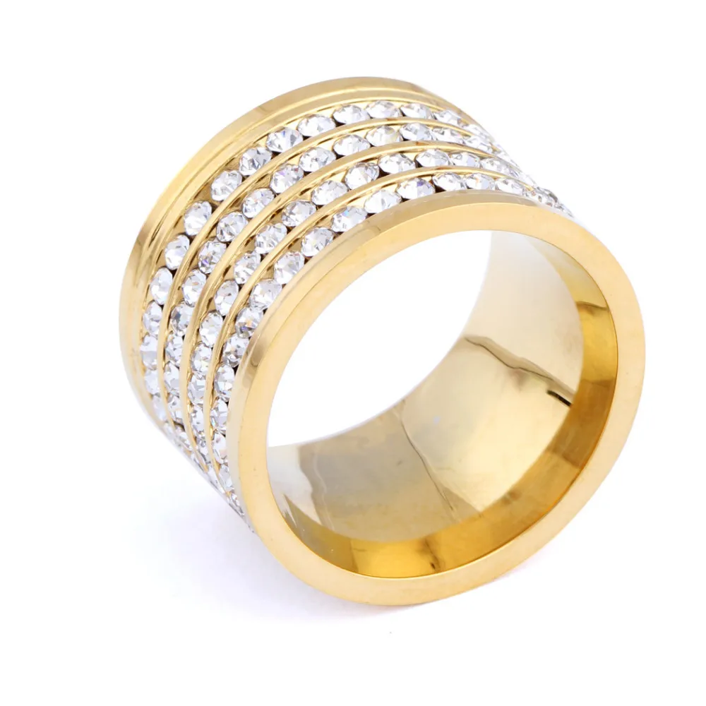 Monla shining full 4 Row Crystal rhinestone Gold Stainless Steel Couple Wedding rings for men and Women