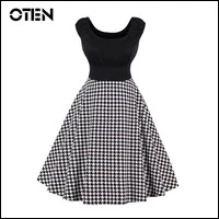 OTEN-Summer-women-s-clothing-Sleeveless-Black-Houndstooth-Printed-tartan-swing-pin-up-rockabilly-dress-4XL
