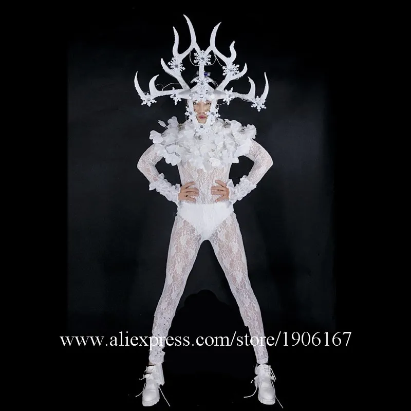 Nightclubs GOGO Men DS White Christmas LED lights Antlers Head Performance Dance Team White Party Costumes01