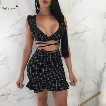 

Women Sexy Black Plaid 2 Piece Set Summer Streetwear V Neck Lace Up Crop Top + Flare Mini Bodycon Skirts Night Party Club Outfit
