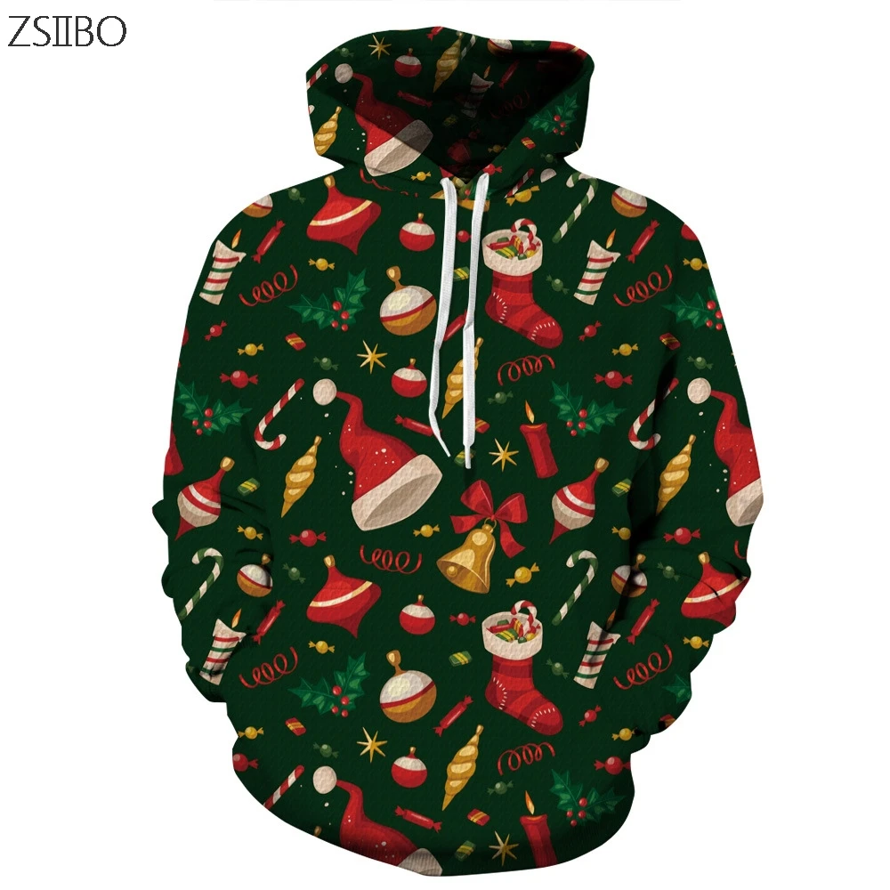 Harajuku Santa pattern Рождественская елка 3D цифровая печать уличная Мужская толстовка в