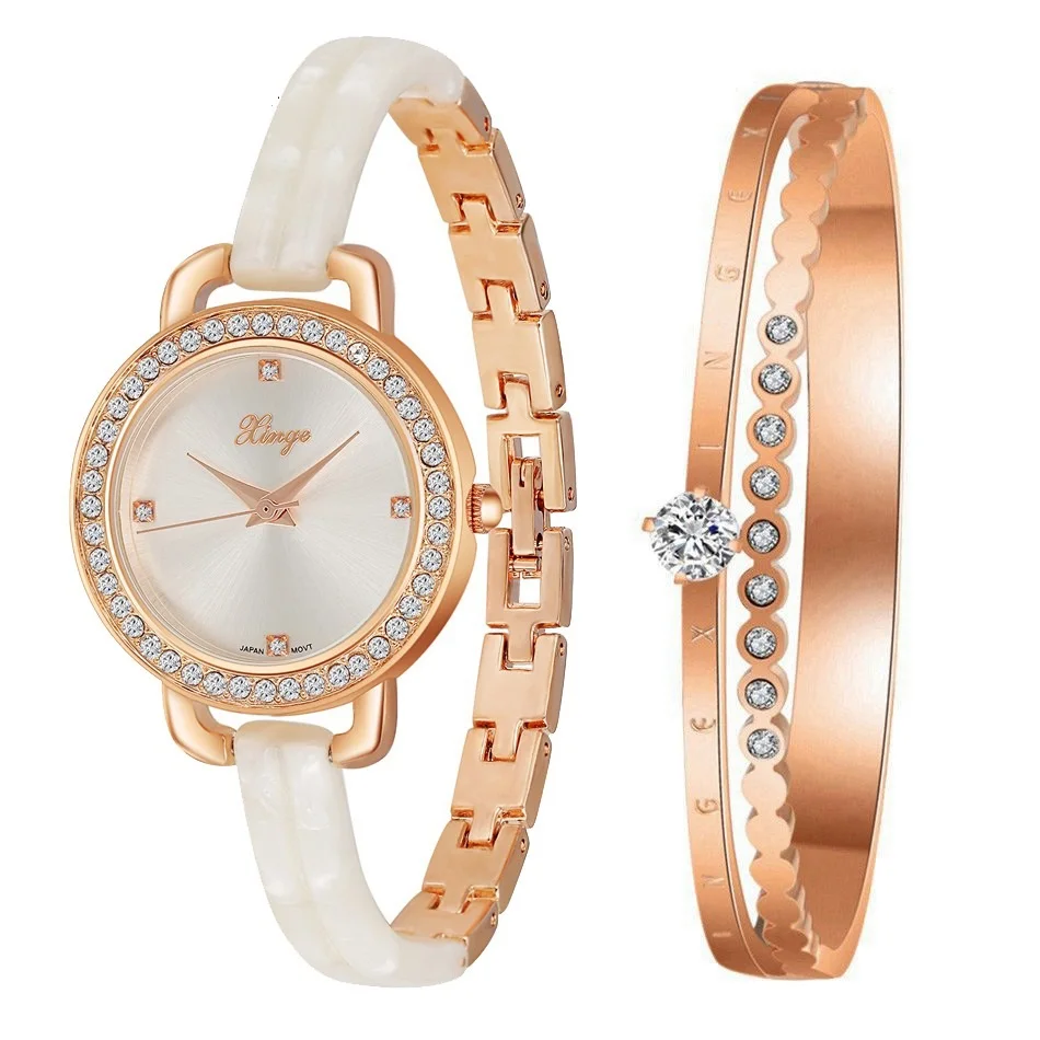 Fashion Bracelet Watches Set Luxury Women Gold Crystal Quartz Watches