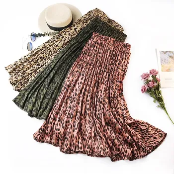 

2019 Summer Women Fashion Leopard Print Long Skirt Casual Silk Touch A-Line Pleated Skirt