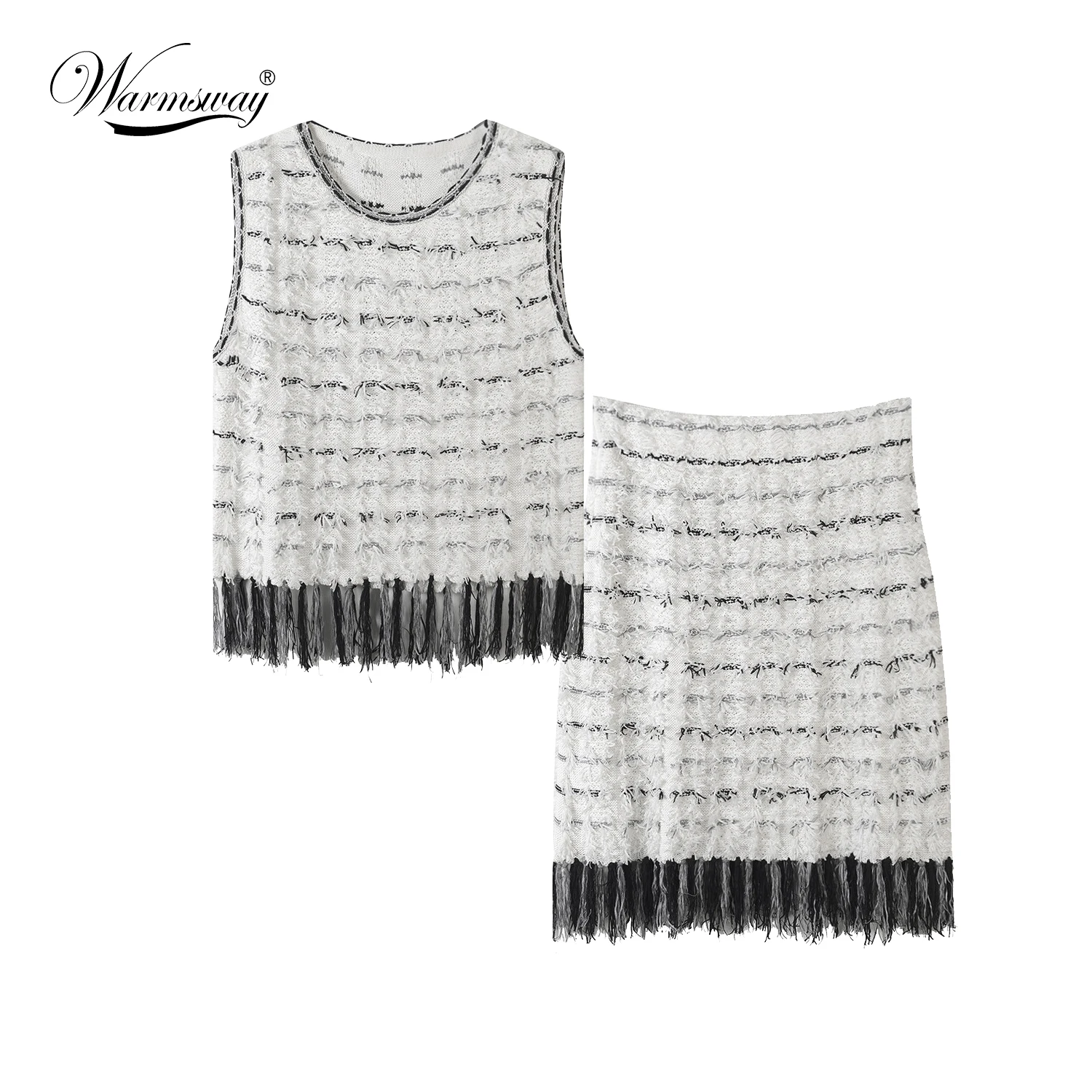 WARMSWAY elegant ladies tassel knit set Round neck knit tank + skirt women fashion suit casual black white stripes set C-176
