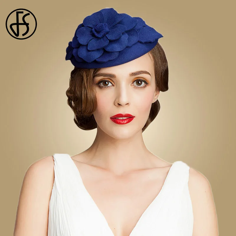 FS Royal Blue Wedding Hats For Women Elegant Wool Fascinator Flower