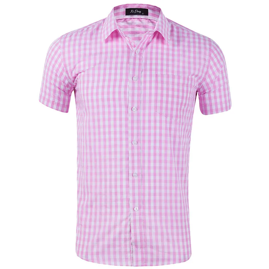 Мужская рубашка, новая мода,, летняя повседневная мужская рубашка, стиль, новинка, хлопковая, маленькая, в клетку, с коротким рукавом, Повседневная рубашка, топ 40 - Цвет: Pink