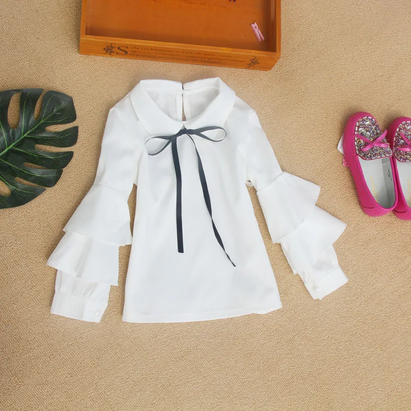 Белая блузка для девочек кружевные топы с длинными рукавами для маленьких девочек и подростков, школьная форма, рубашка в полоску детская одежда для детей возрастом 6, 8, 10, 12 лет
