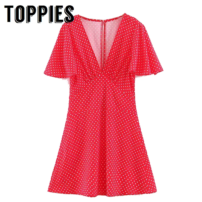

Women Deep V Neck Polka Dot Red Dress Summer Short Sleeve Vacation Mini Dress Batwing Sleeve