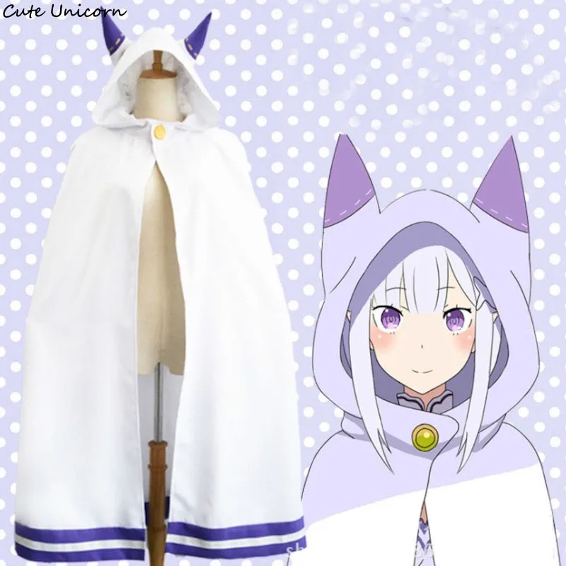 Re:Zero Kara Hajimeru Isekai Seikatsu Emilia Elf Cosplay Cat Ear Cape Cloak