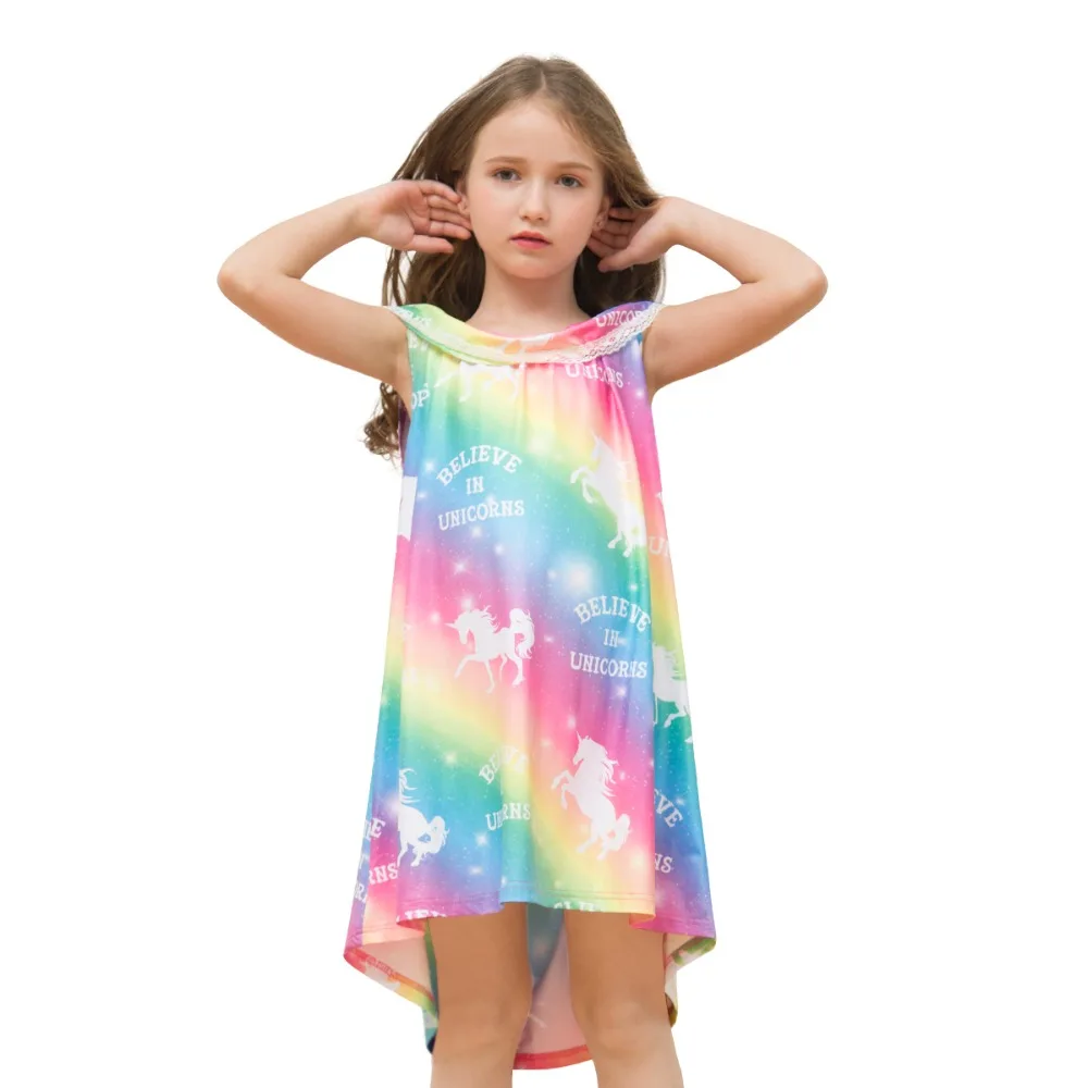 

Rainbow Unicorn Princess Dress Irregular Summer Girls Dress Nightgown Kids Dresses Night Gown Pajamas Dress Sleepwear Pyjamas