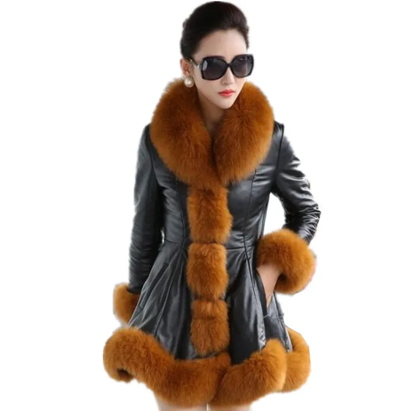 Толстая зимняя женская кожаная куртка больших размеров 6XL модная кожаная куртка с воротником из искусственного меха лисы куртка средней длины из искусственной кожи 165