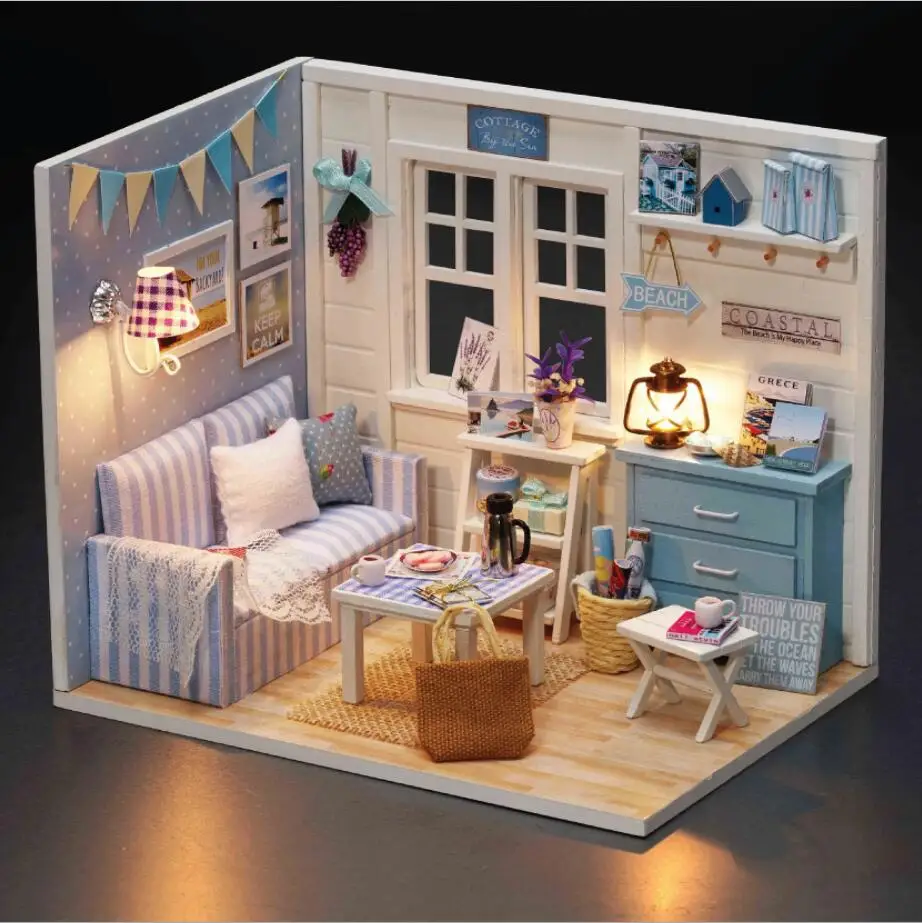 Doll House With Furnitures LED Lights 3D Wooden House Toys For Children