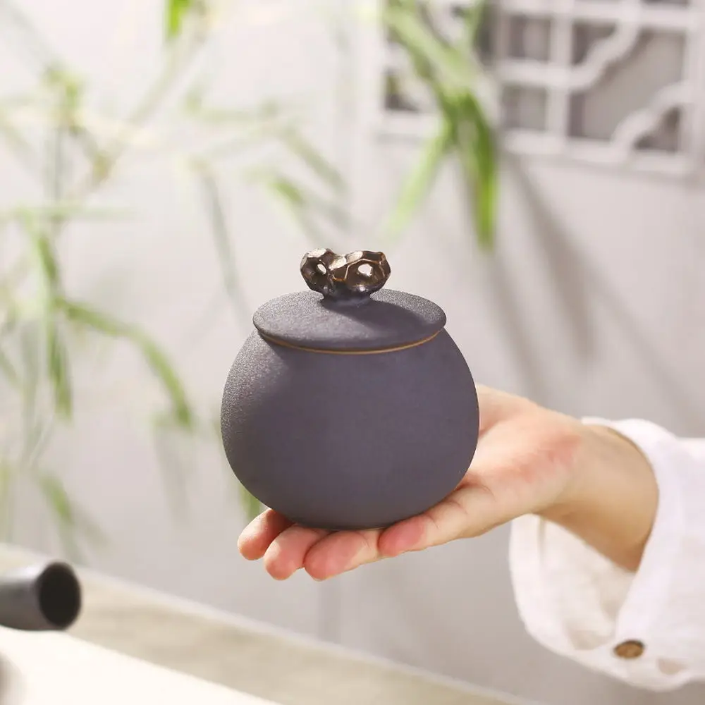 Black Small Ceramic Tea Caddy Pottery Canister Food Storage Container