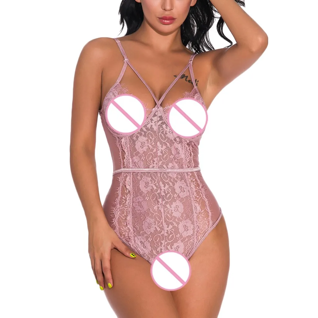 Bodysuit Women Lace V-Neck One Piece Pink Babydoll Teddy Lingerie Jumpsuit Bodysuit Sleepwear Catsuit 19June17 P30